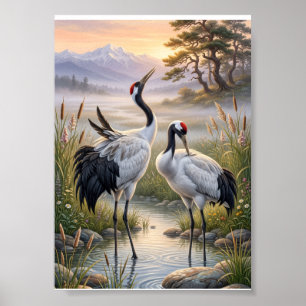 Nebelhaftes Landschaft Elegante Kraniche Natur Wil Poster