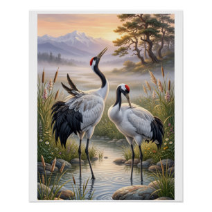 Nebelhaftes Landschaft Elegante Kraniche Natur Wil Poster