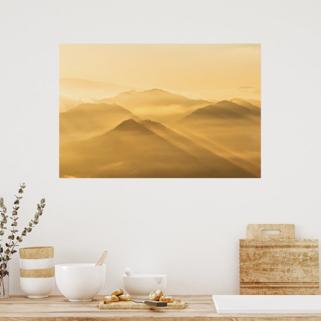 Nebelhügel morgens Sonnenaufgang Poster (Küche)