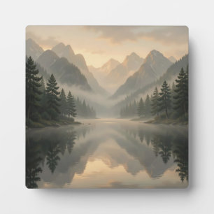 Nebeliger Bergsee Reflexion Kiefernwald Sonnenaufg Fotoplatte