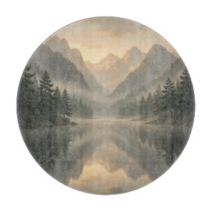 Nebeliger Bergsee Reflexion Kiefernwald Sonnenaufg Schneidebrett