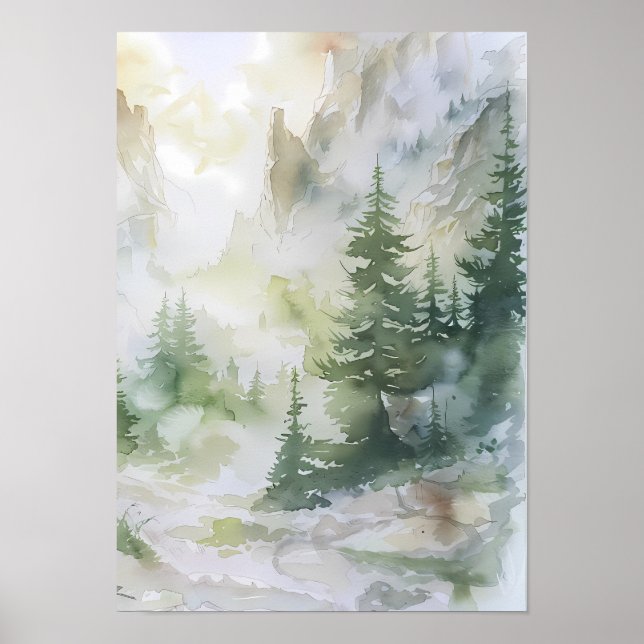 Nebeliger Bergwald in Aquarell Poster (Vorne)