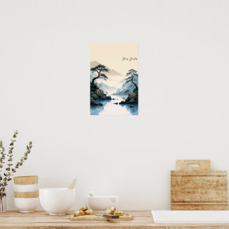 Nebeliger Fluss im Gebirge - Chinesische Tuschmale Poster