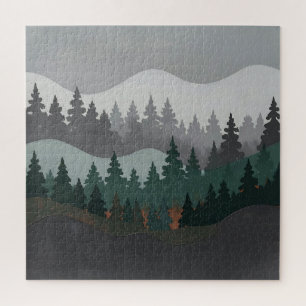 Nebeliger Kiefernwald geschichtete Berglandschaft Puzzle