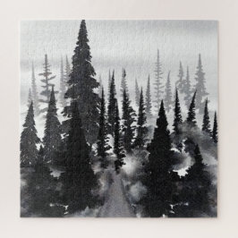 Nebeliger monochromer Kiefernwald-Aquarell-Kunst-D Puzzle