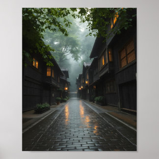 Nebeliger Morgen in einem japanischen Dorf Poster