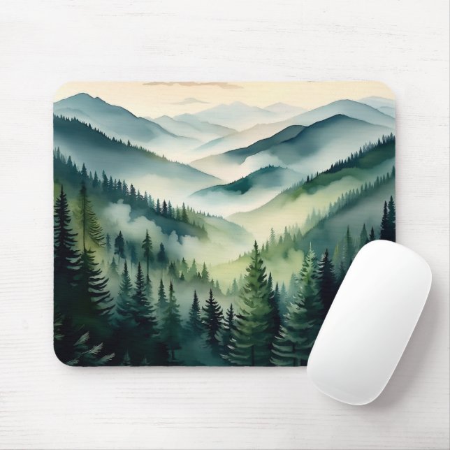 Nebeliger Morgen Kiefern im Gebirge Mousepad (Mit Mouse)