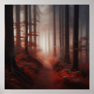 Nebeliger roter Waldweg der Stille – Herbstposter Poster