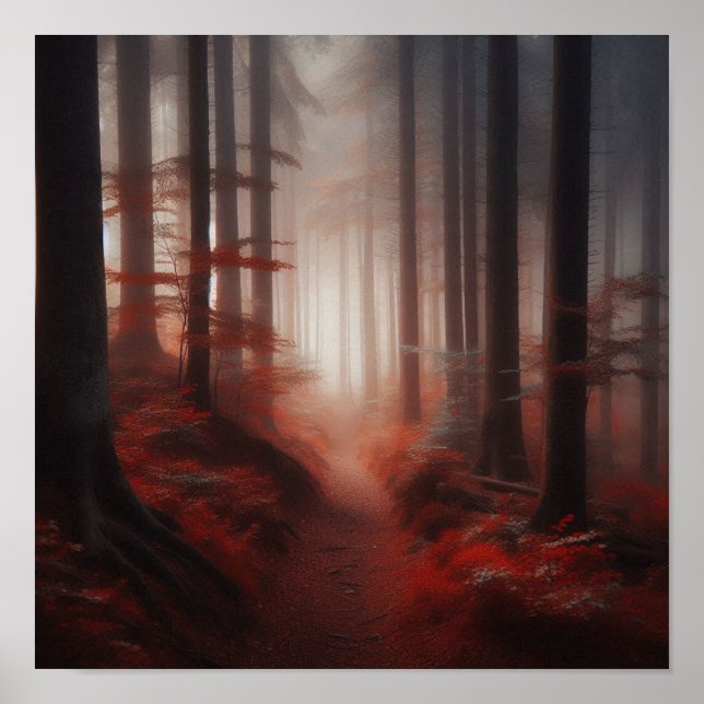 Nebeliger roter Waldweg der Stille – Herbstposter  Poster (Vorne)