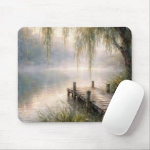 Nebeliger Seebau mit Weidenbaum Mousepad