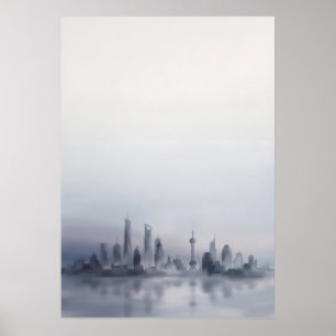 Nebeliger Shanghai-Skyline-Wasserfarbenposter Poster