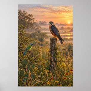 Nebeliger Südtexas-Sonnenaufgang mit Aplomado-Falk Poster