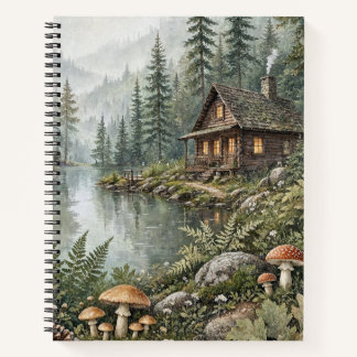 Nebeliger Waldhüttensee Cottage Art Notizbuch