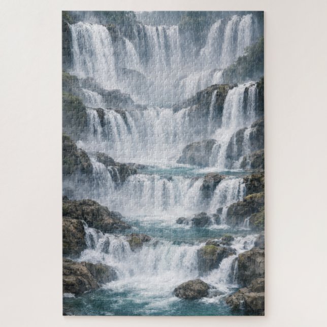 Nebeliger Wasserfall-Landschaft Puzzle (Vertikal)