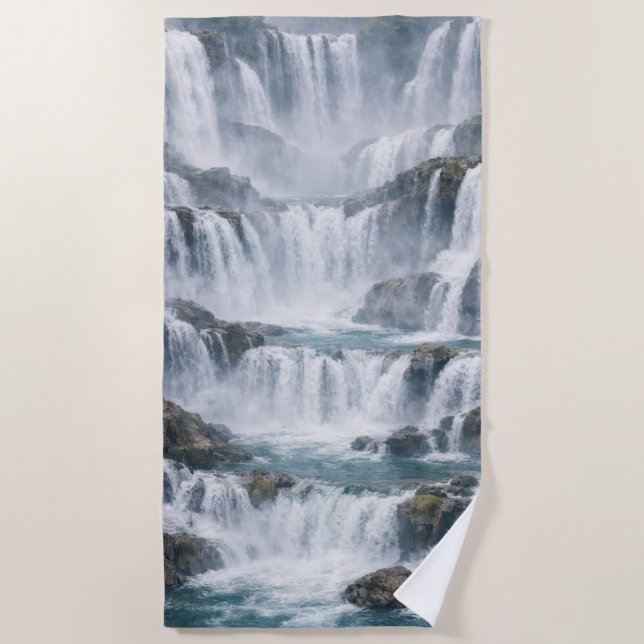 Nebeliger Wasserfall-Landschaft Strandtuch (Vorderseite)