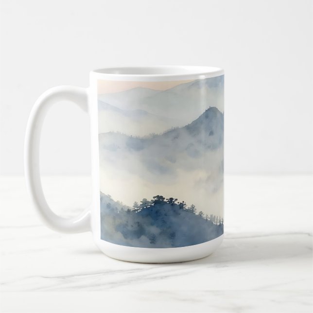 Nebeliger Wasserfarben-Gebirgslandschaft Kaffeetasse (Links)