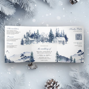 Nebeliger Winterberg-Kiefernwald QR-Code-Hochzeit Dreifach Gefaltete Einladung