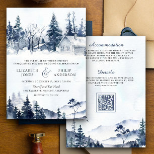 Nebeliger Winterberg-Kiefernwald QR-Code-Hochzeit Einladung