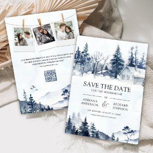 Nebeliger Winterberg-Kiefernwald QR-Code Hochzeit Save The Date