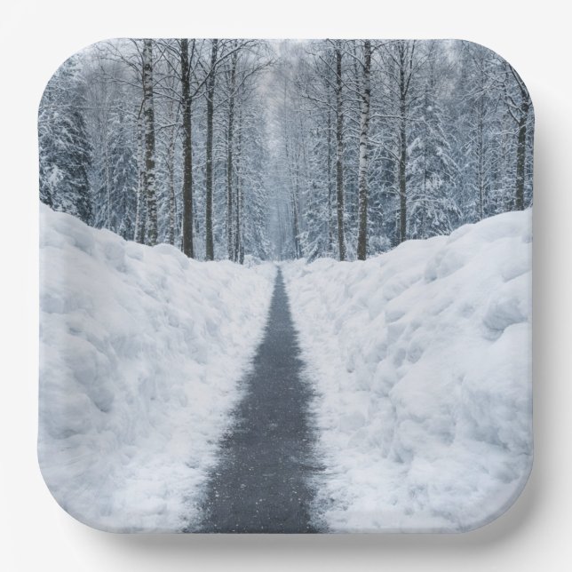 Nebeliger Winterwaldweg Winterlandschaft Pappteller (Vorderseite)