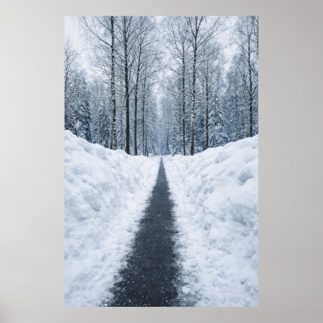 Nebeliger Winterwaldweg Winterlandschaft Poster (Vorne)