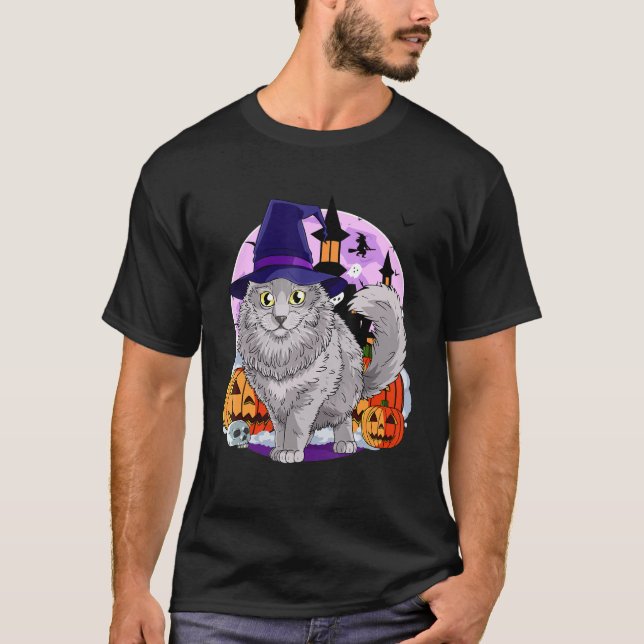 Nebelung Cat Niedlich Halloween Hexenkürbis T-Shirt (Vorderseite)