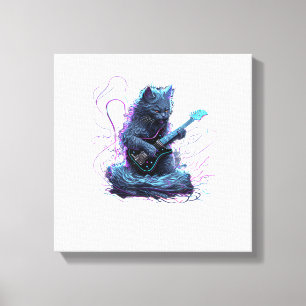 Nebelung-Katze spielt elektrisches Gitarre Rock T- Leinwanddruck