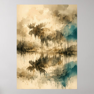 Nebelverhangene Elchreflexion – Aquarellkunst Poster