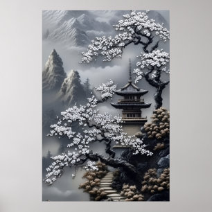 Nebelverhangene japanische Pagode mit weißen Kirsc Poster