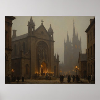 Nebelverhangene Kathedrale Straßen Impressionistis Poster