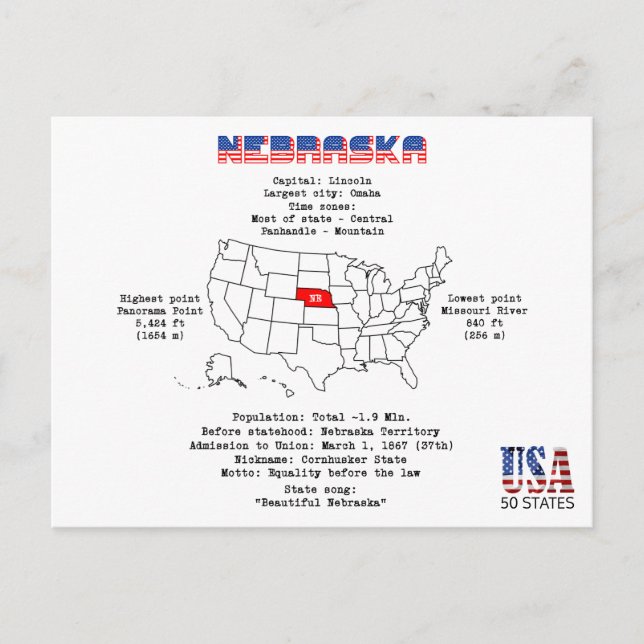 Nebraska American Staat auf der Karte und nützlich (Vorderseite)