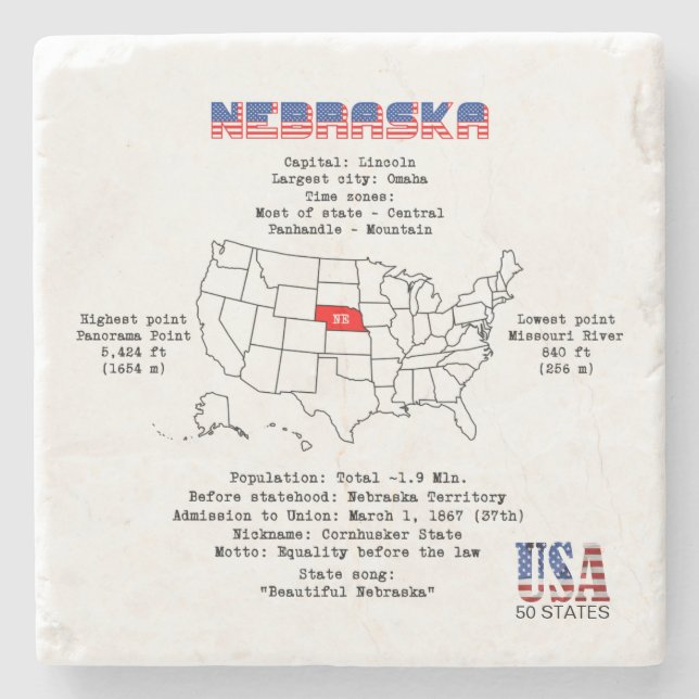 Nebraska American Staat auf der Karte und nützlich Steinuntersetzer (Vorderseite)