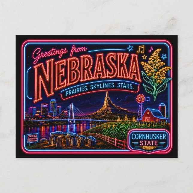 Nebraska Neon State Retro Vintage Postkarte (Vorderseite)