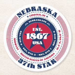 Nebraska Red White Blue Typografie Runder Pappuntersetzer