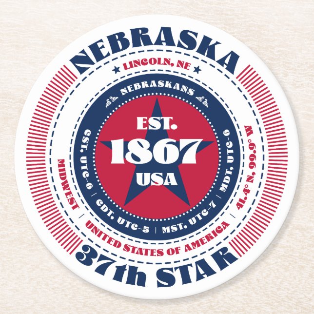 Nebraska Red White Blue Typografie Runder Pappuntersetzer (Vorderseite)