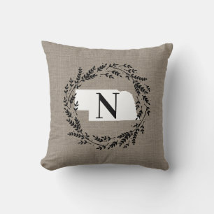 Nebraska Rustic Wreath Monogram Throw Kissen