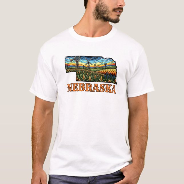 Nebraska Tattoo Style Outline with Cornfields  T-Shirt (Vorderseite)