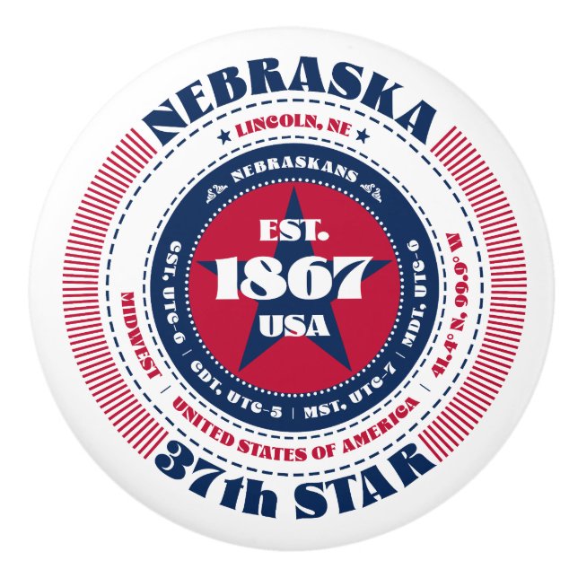 Nebraska US Staat Red White Blue Typografie Keramikknauf (Vorderseite)