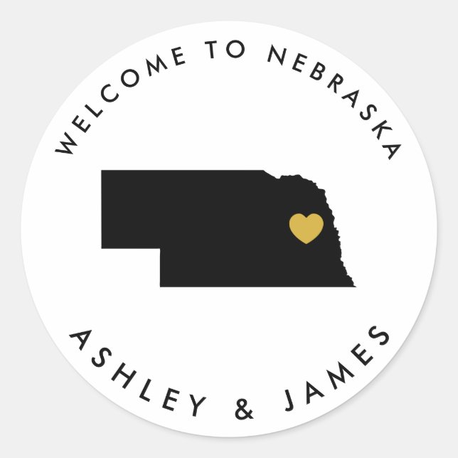 Nebraska Wedding Welcome Sticker Tag, Gold & Black (Vorderseite)