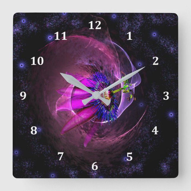 Nebula-Design mit Sternengassen und Blume Quadratische Wanduhr (Vorderseite)