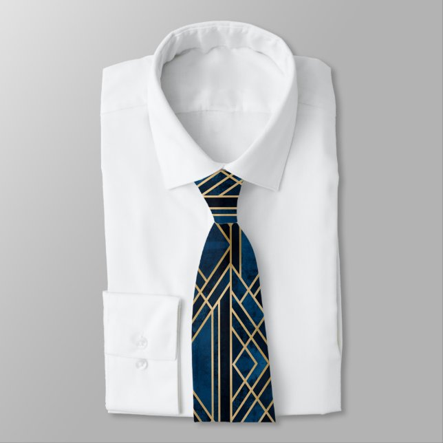 Neck Tie - Art Deco Blue & Gold Mirrored Krawatte (Gebunden)