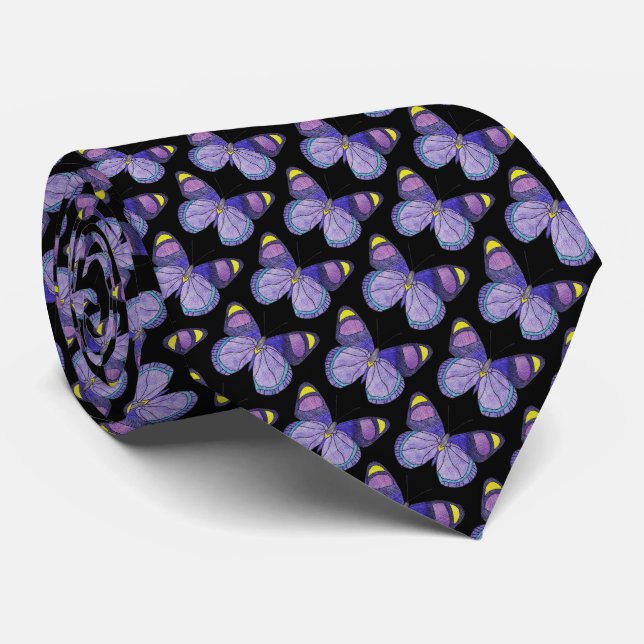 Neck Tie (schwarz) - Lila Schmetterling Krawatte (Gerollt)
