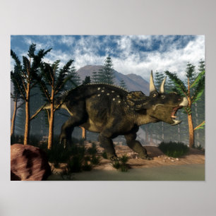Nedoceratops roaring while running - 3D render Poster