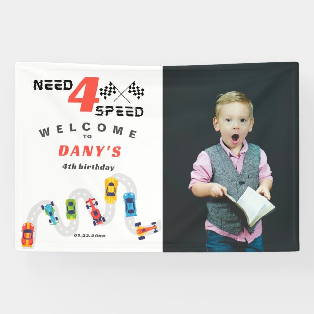 Need 4 Speed Motor Car Racing Boy Vierte Geburtsta Banner (Horizontal)