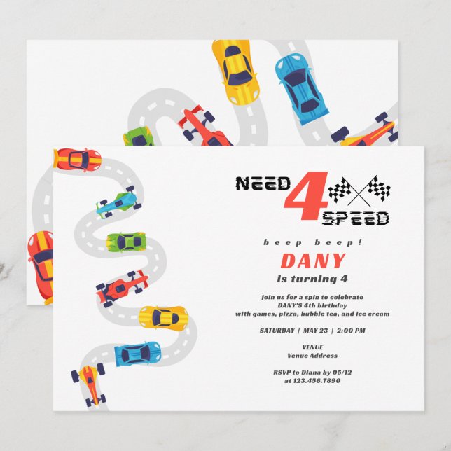 Need 4 Speed Motor Car Racing Boy Vierte Geburtsta Einladung (Vorne/Hinten)