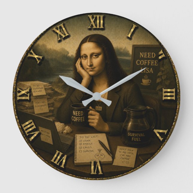 Need Coffee Funny Mona Lisa Coffee Lover Gift  Große Wanduhr (Vorderseite)