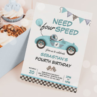 Need Four Speed Blue Race Car 4. Geburtstag Party Einladung