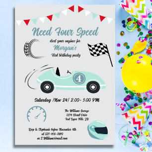 Need Four Speed Festival Blue Race Car Geburtstag Einladung