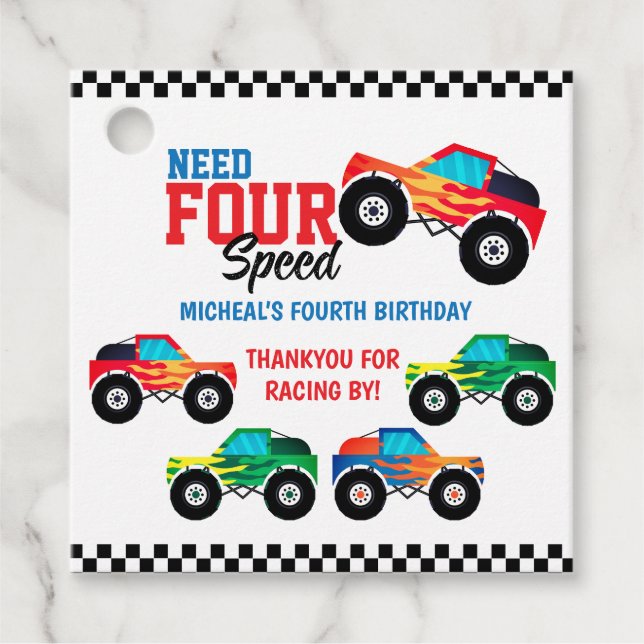 Need Four Speed Monster Truck 4. Geburtstag Geschenkanhänger (Vorderseite)