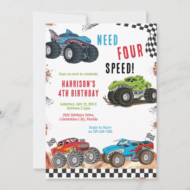 Need Four Speed Monster Truck Boy 4th Birthday  Einladung (Vorderseite)